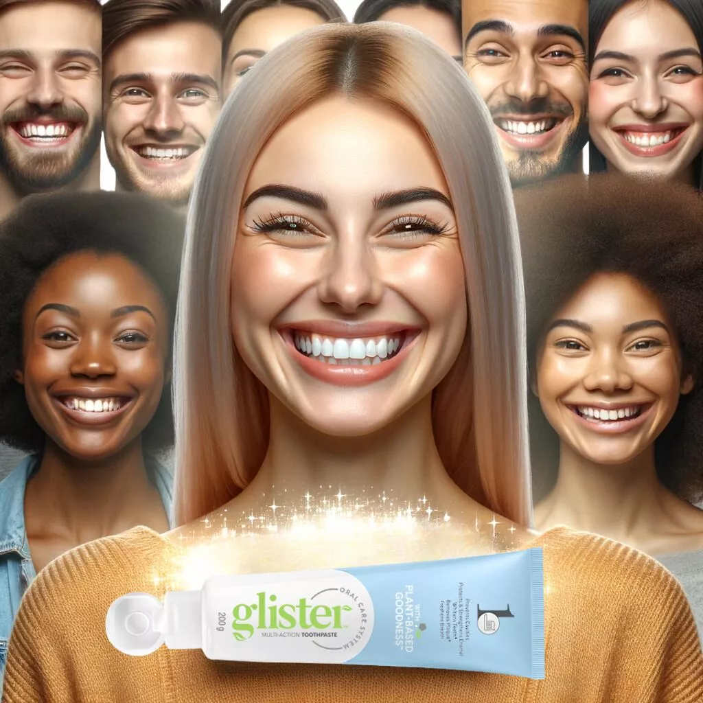 Obrázek zachycující rozmanitou skupinu lidí s zářivými úsměvy, symbolizující spokojenost a účinnost zubní pasty Glister v udržování orálního zdraví. Každý úsměv vyjadřuje pozitivní zkušenost a důvěru v produkt.