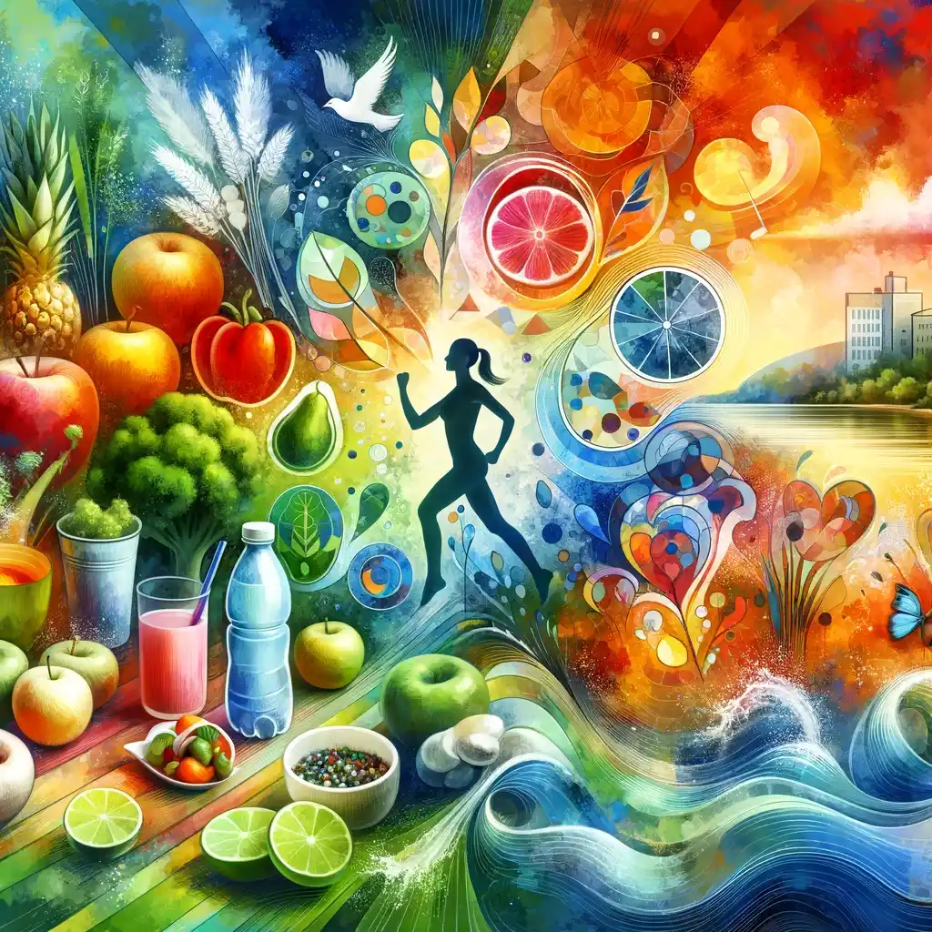 Umělecká reprezentace zdravého životního stylu, zobrazující prvky jako jsou ovoce, zelenina, voda, cvičící osoba a klidné prostředí, v živém a poutavém stylu, symbolizující wellness a rovnováhu.