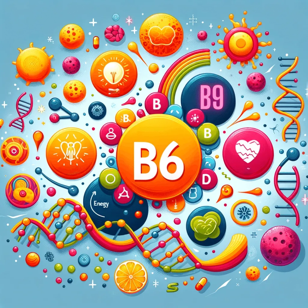 Barevný infografický obrázek ilustrující přínosy vitaminů B6 a B9 na imunitní systém, zobrazující imunitní buňky, řetězce DNA a symboly reprezentující duševní zdraví a energii, ve světlém a vzdělávacím stylu.