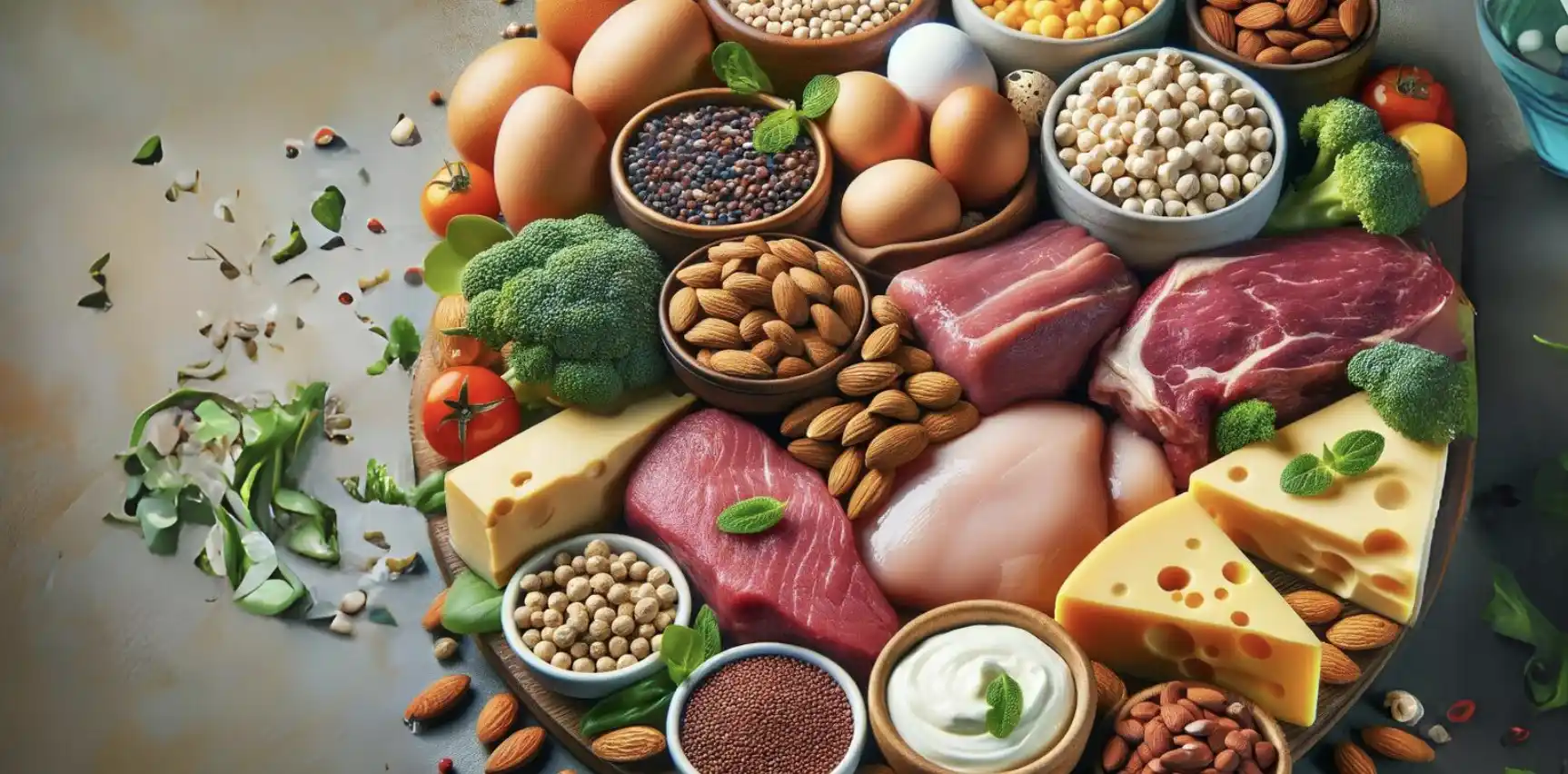 Rozmanitost potravin bohatých na bílkoviny včetně masa, mléčných výrobků, ořechů a luštěnin.